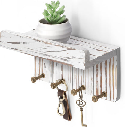 Rebee Vision Key Holder Wall Mount with Shelf for Entryway, Distressed Blue | Key and Mail Holder for Wall, Shelf, 4 Key Hooks, Farmhouse Decor, Room Decor Aesthetic, Compact Home Storage, Wall Organizer