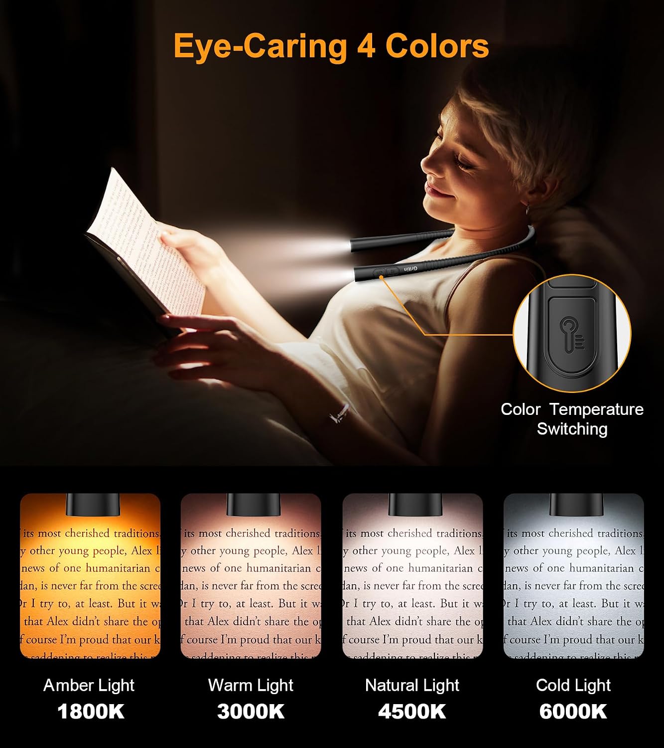 Gritin Book Light, Eye Caring 4-Color&5-Brightness Neck Light Reading Light | Stepless Dimming, 30-min Timer, 80+ Hrs Runtime, Bendable Round Neck Design, Lightweight for Reading, Knitting, Repairing