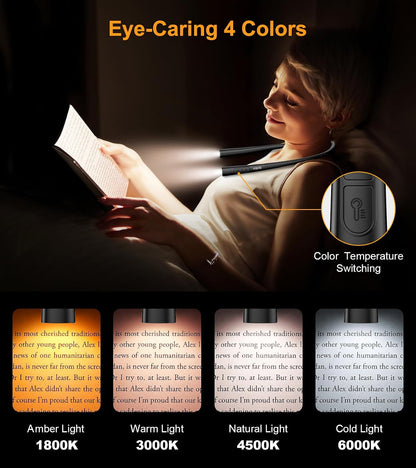 Gritin Book Light, Eye Caring 4-Color&5-Brightness Neck Light Reading Light | Stepless Dimming, 30-min Timer, 80+ Hrs Runtime, Bendable Round Neck Design, Lightweight for Reading, Knitting, Repairing