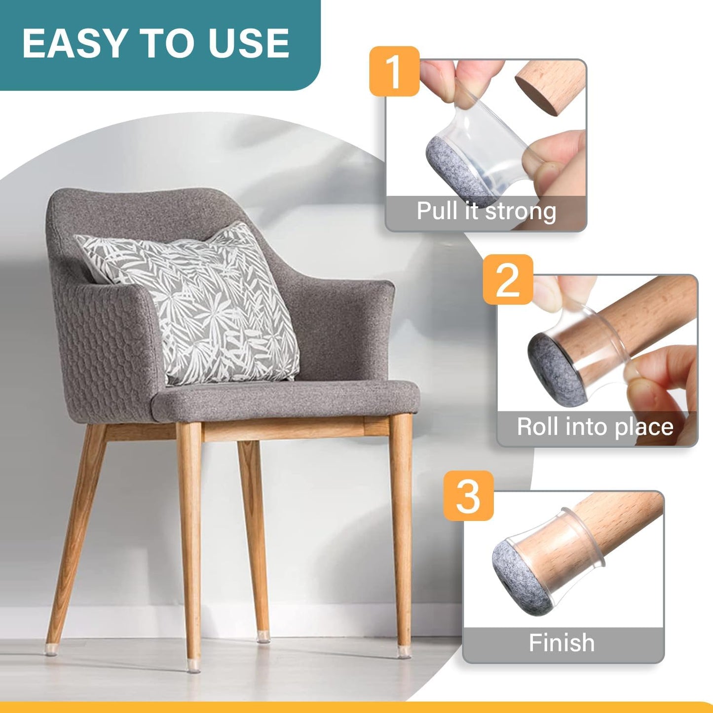 Ansible 24 Pcs Chair Leg Floor Protectors Square | Silicone Felt Furniture Leg Pads Caps Covers for Hardwood Floors (Fit:1-1/16" to 1-5/8")
