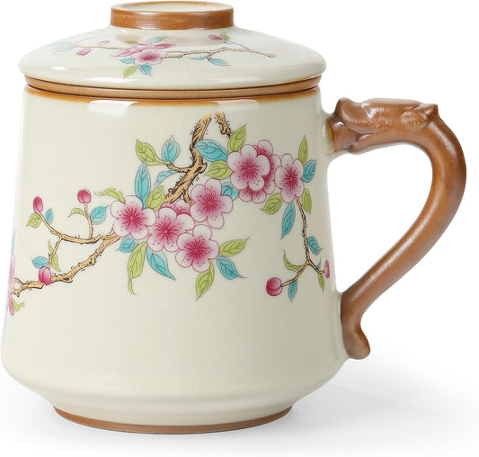 fanquare Retro Porcelain Tea Cup with Lid and Infuser, Chinese Ruyao Ceramic Coffee Mug, Vintage Print Teacup, Dishwasher Safe, Loose Leaf Tea Brewing Cup for Adults Home Office | Retro Porcelain Coffee Mug, Dishwasher Safe, Loose Leaf Tea Brewing Cup