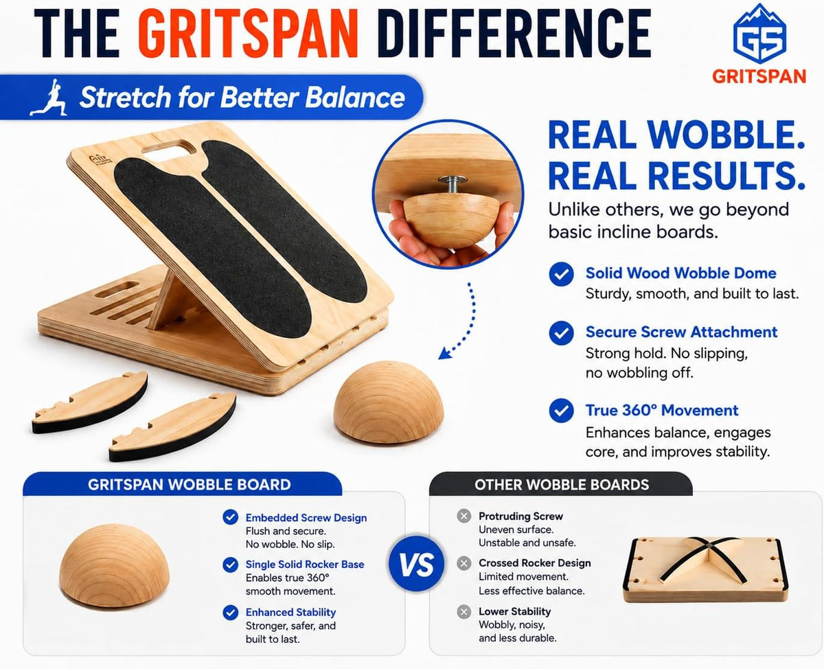 Slant Boards for Exercise, 3-in-1 Wooden Calf Stretcher, Rocker Balance Board and 360° Wobble Board, 5 Adjustable Angles, Anti-Slip Surface, Training Poster Included