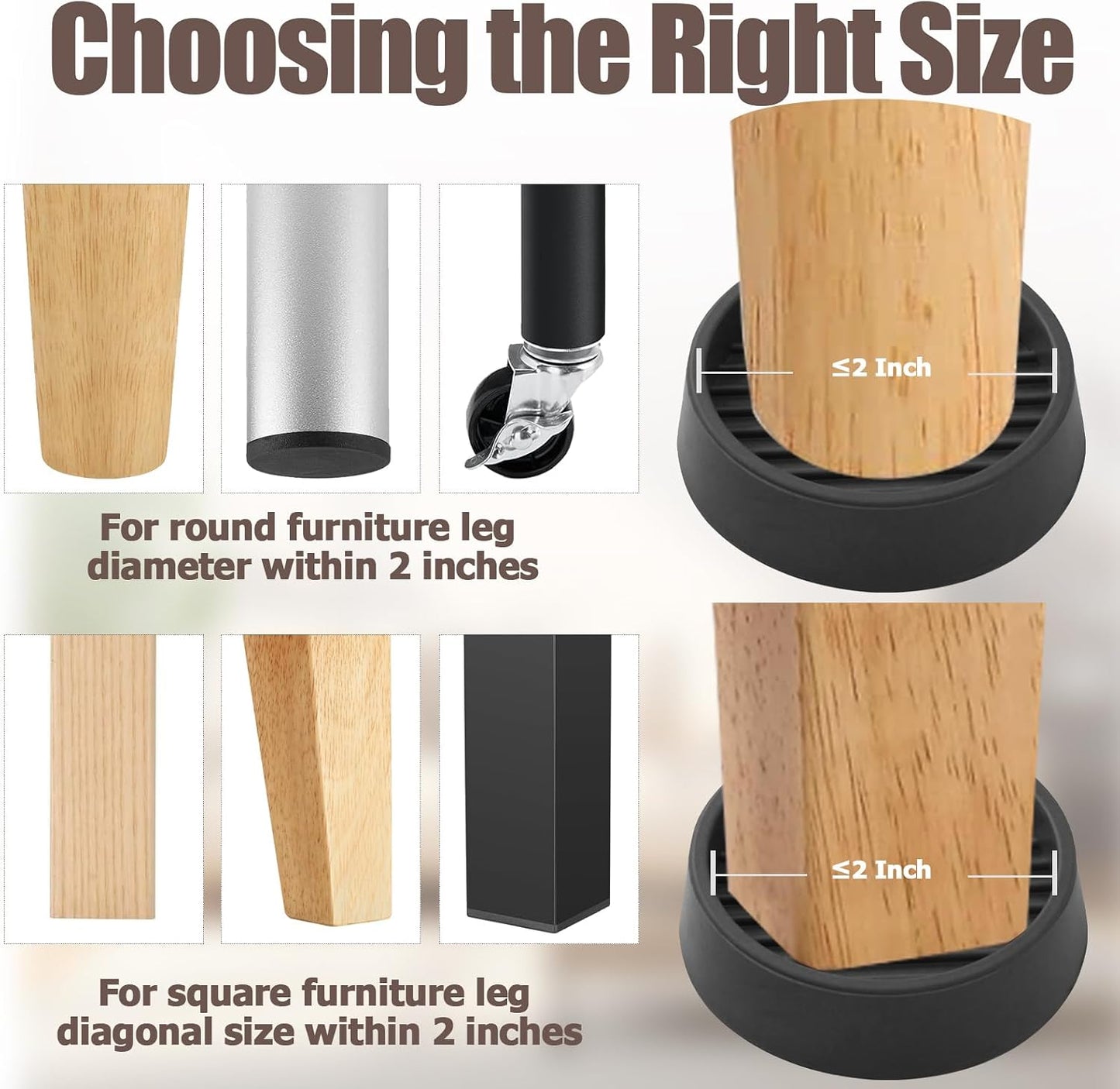 4 Pack 1.5 Inch Round Rubber Caster Cups Floor Protector Brown | Dense Rubber Anti-Slip Firm Grip, Floor Protection From Scratches, Slide-In No Tools Needed, Blends With Wood Metal Finishes