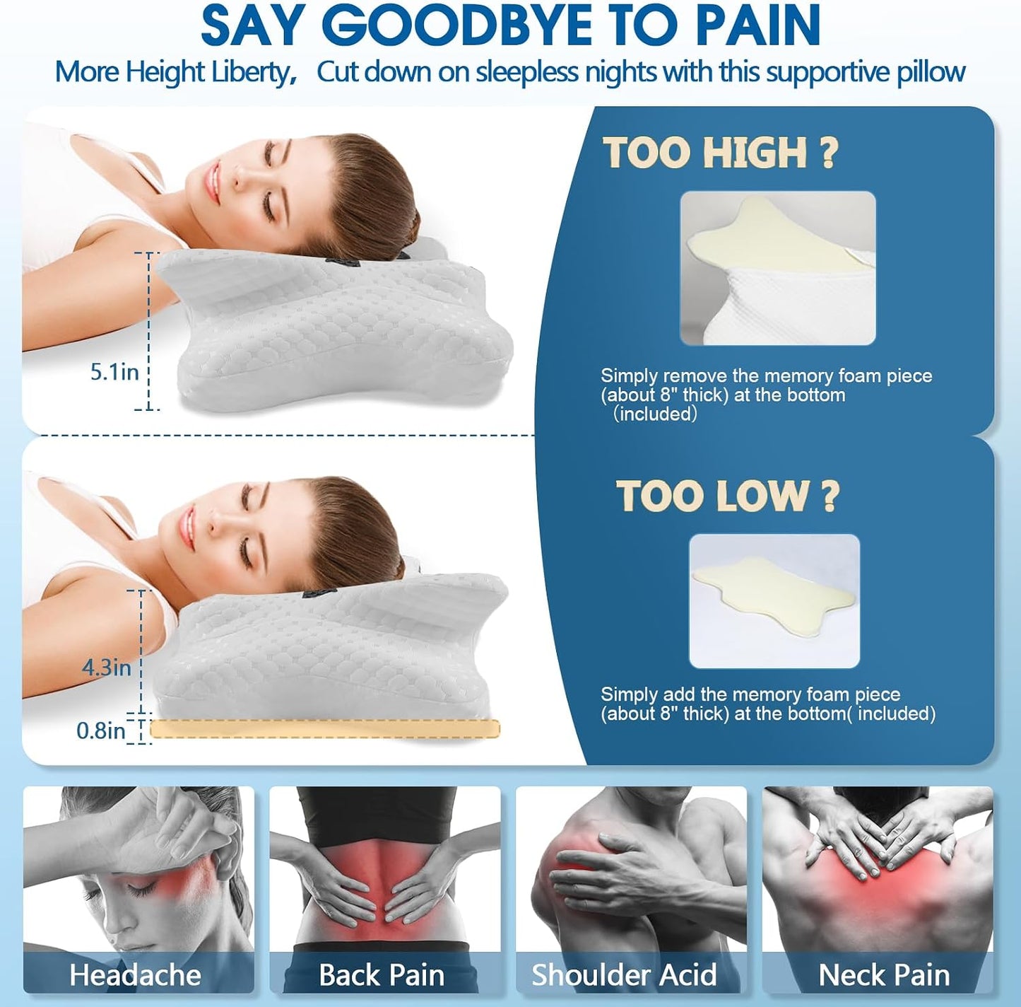 CHxxy Memory Foam Pillows, Cervical Pillow for Neck & Shoulder Pain Relief | Ergonomic Contour Bed Pillow, Soft for Side Sleep Stomach Sleeping and Back Sleeper-Queen Size&Grey