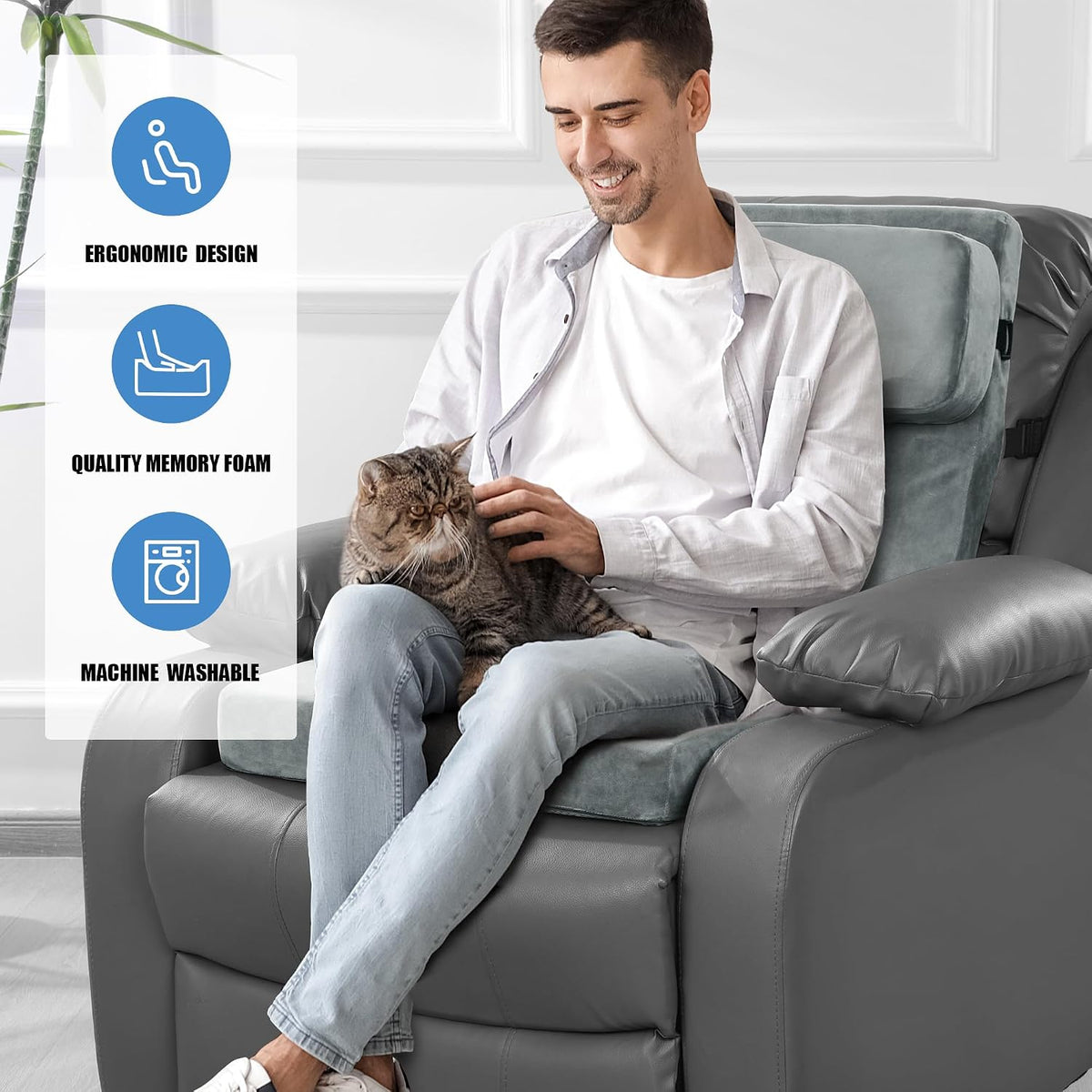 HOMBYS Recliner Seat Cushion with Lumbar Support Pillow and Adjustable Headrest, Medium Firm Foam Filling Chair Pad and Back Support, Non-Slip Design for Comfort and Pressure Reduce, Black