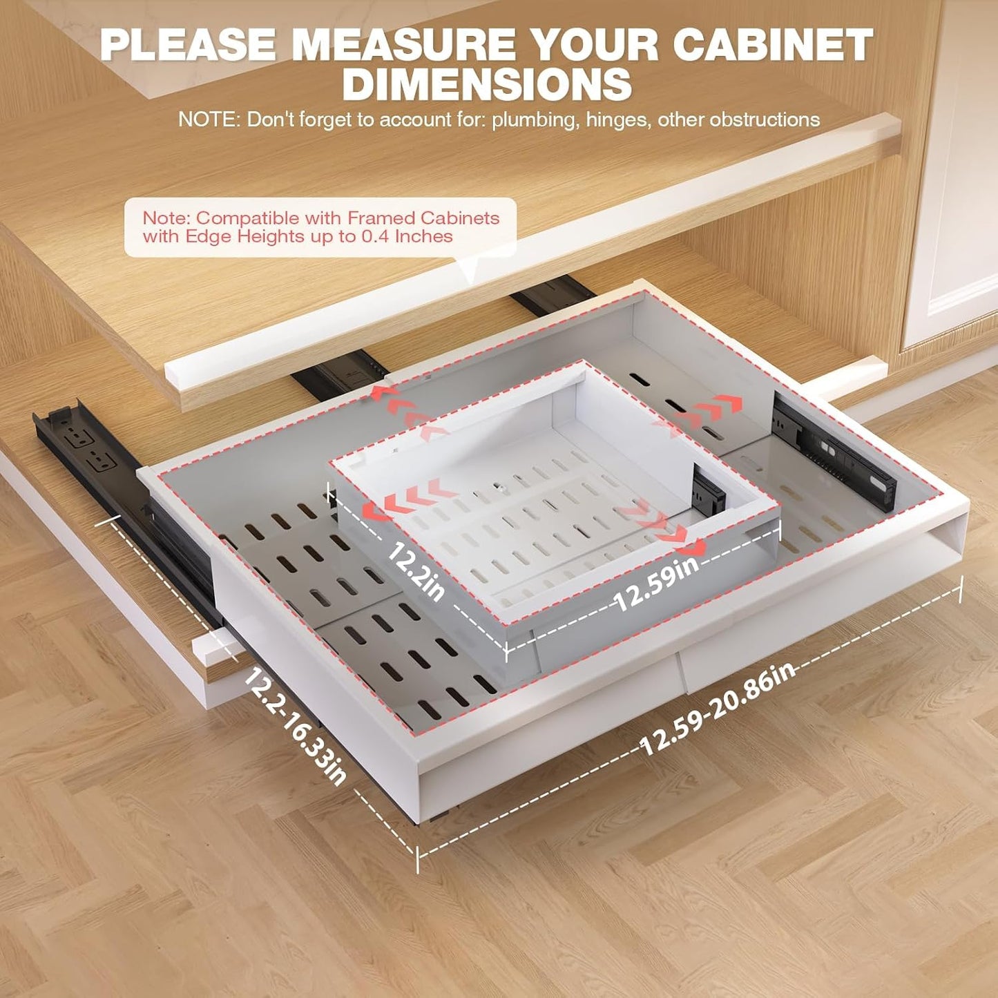 Seinloes Pull Out Cabinet Organizer, 4-Side Expandable to Fit Most Cabinets, 3 Rail Slide Out Drawers with Raising Pad for Framed & Frameless Cabinets, 13"-21" W x 17"-24" D, White, 2 Pack