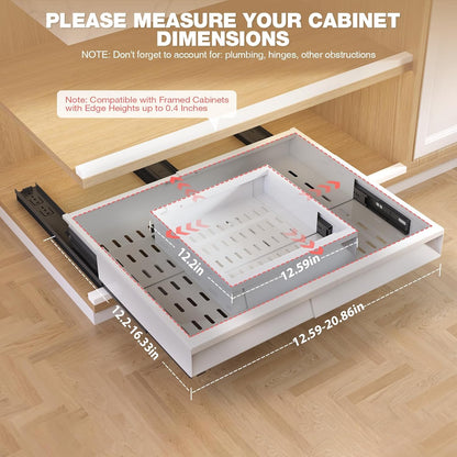 Seinloes Pull Out Cabinet Organizer, 4-Side Expandable to Fit Most Cabinets, 3 Rail Slide Out Drawers with Raising Pad for Framed & Frameless Cabinets, 13"-21" W x 17"-24" D, White, 2 Pack