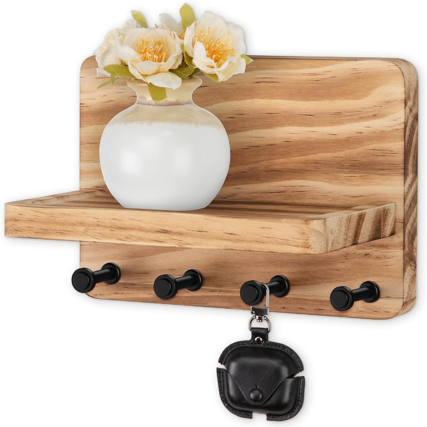 Nekon Key Holder for Wall with Shelf, Pine Wooden Key Hanger, Black | Small Wall Mounted Key Holder with 4 Hooks, Farmhouse Wall Organizer for Home Entryway & Apartment