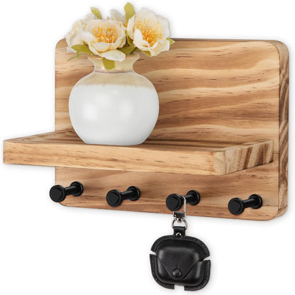 Nekon Key Holder for Wall with Shelf, Pine Wooden Key Hanger, Black | Small Wall Mounted Key Holder with 4 Hooks, Farmhouse Wall Organizer for Home Entryway & Apartment