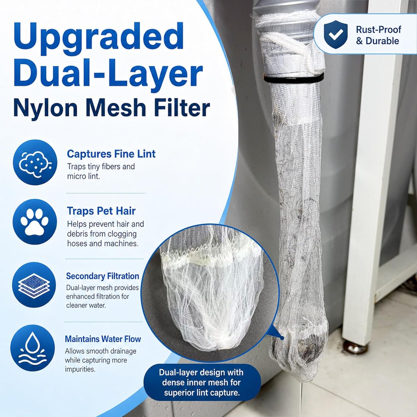 100 Pack Upgraded Lint Traps for Washing Machine Hose with Double-Layer Bottom Filter - Pet Hair Remover & Drain Hose Filter to Prevent Clogs, Universal Laundry Lint Snare for Washer