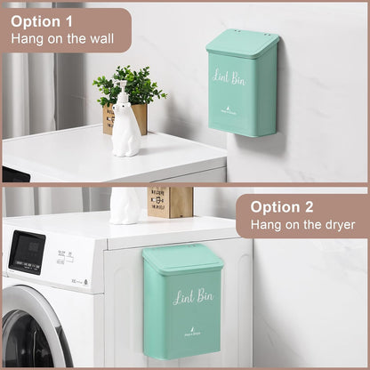 SUBEKYU Magnetic Lint Bin for Laundry Room Organization and Storage,White | Wall Mounted Metal Lint Box Holder Trash Can with Lid for Dryer,Lint Basket for Laundry Room Decor