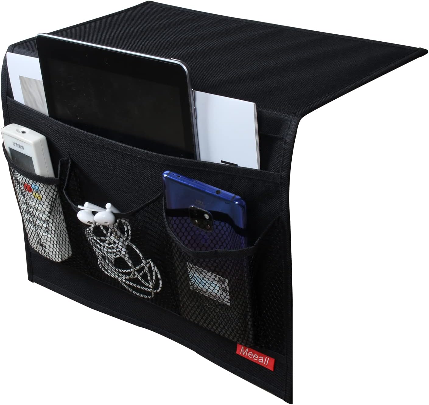 Bedside Storage Organizer with Pockets, Bedside Caddy, Table Cabinet Storage Organizer, TV Remote Control, Phones, Magazines, Tablets, Accessories, Grey
