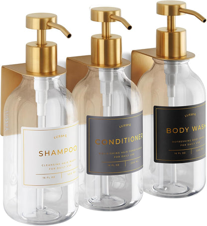 Shower Shampoo Dispenser Wall Mounted – 3 Refillable 16.9 oz Clear Bottles with Stainless Steel Pumps & No-Drill Adhesive Holders – Soap Dispenser Set for Bathroom (3 X Clear/Silver)