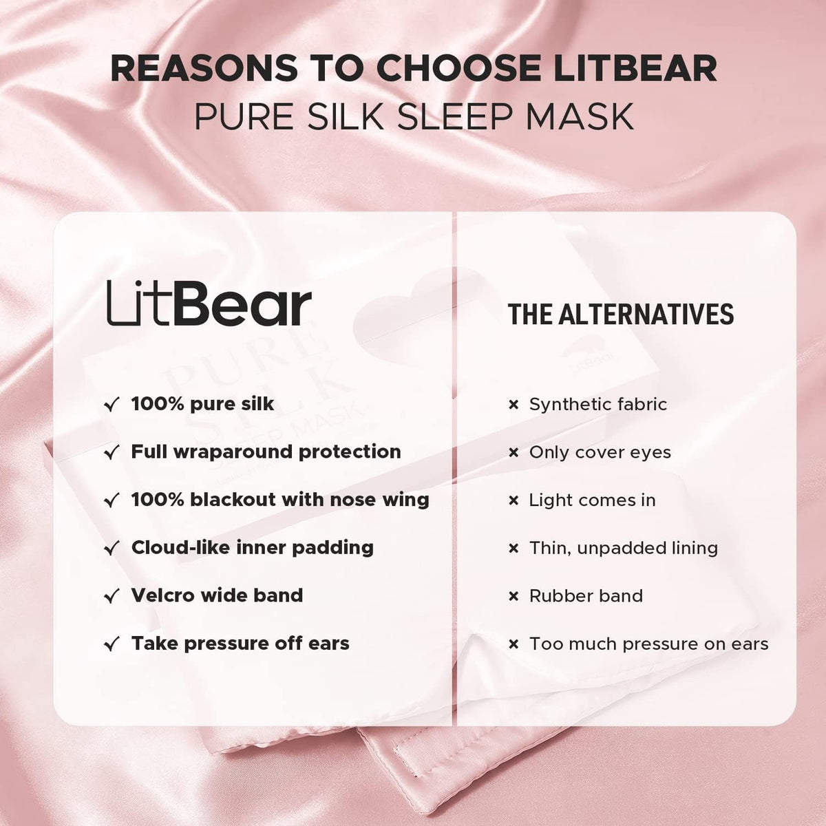 LitBear Silk Sleep Mask for Side Sleeper, Eye Mask Sleeping for Women Men