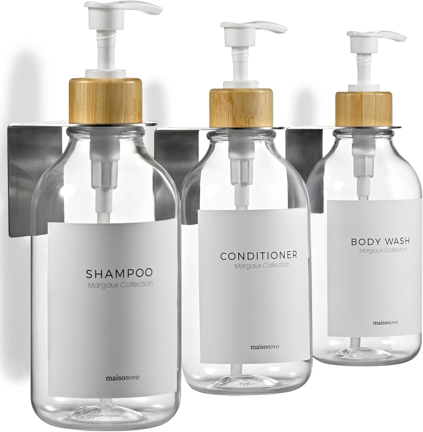 MaisoNovo Shampoo and Conditioner Dispenser|Refillable Black Set of 3 | 500 ml Shower Gel Dispenser Set of 3. Refillable Shampoo and Conditioner Bottles. Drill Free Secure Design. Black