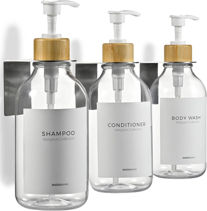 MaisoNovo Shampoo and Conditioner Dispenser|Refillable Black Set of 3 | 500 ml Shower Gel Dispenser Set of 3. Refillable Shampoo and Conditioner Bottles. Drill Free Secure Design. Black