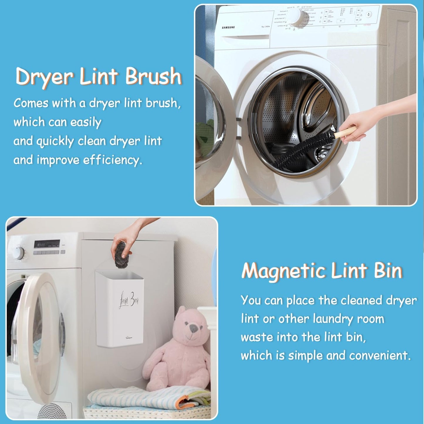 Sealegend Magnetic Lint Bin for Laundry Room with Dryer Lint Brush, Wall Mounted Trash Can Space-Saving Laundry Organization and Storage, White | 3 Installation Ways, Space-Saving Trash Can, Laundry Organization & Storage