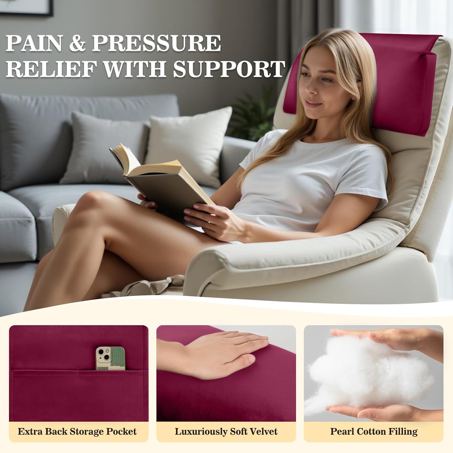 Recliner Headrest Pillow, Adjustable Comfort Neck & Head Support Pillow | Soft Velvet, Weighted Non-Slip Flap, Adjustable Filling, Washable Cover, for Recliners, Sofas, Office Chairs
