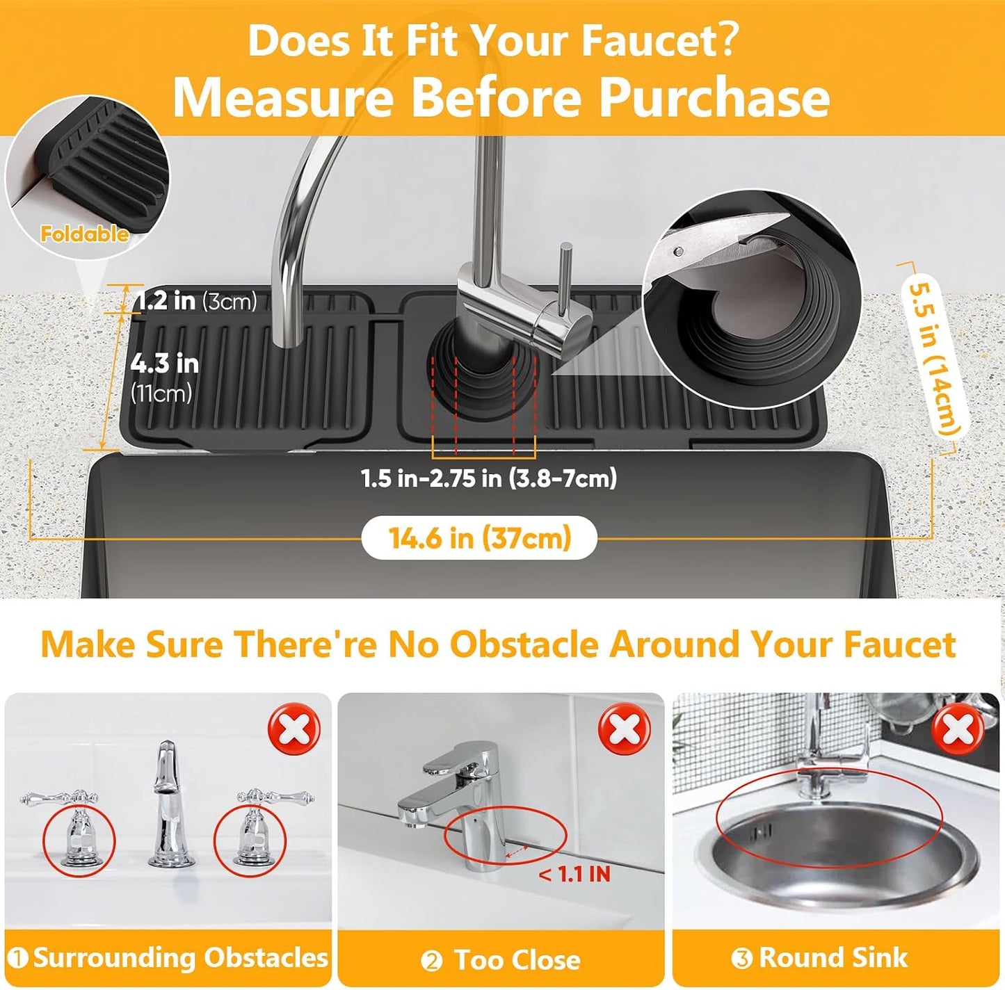 24'' Longer Faucet Mat for Kitchen Sink Splash Guard[7° Slope Fast Self-draining][Snap Lock Fit]Kitchen Sink Faucet Mat Splash Guard Kitchen Sink Area Water Splash Guard Behind Faucet Draining Mat