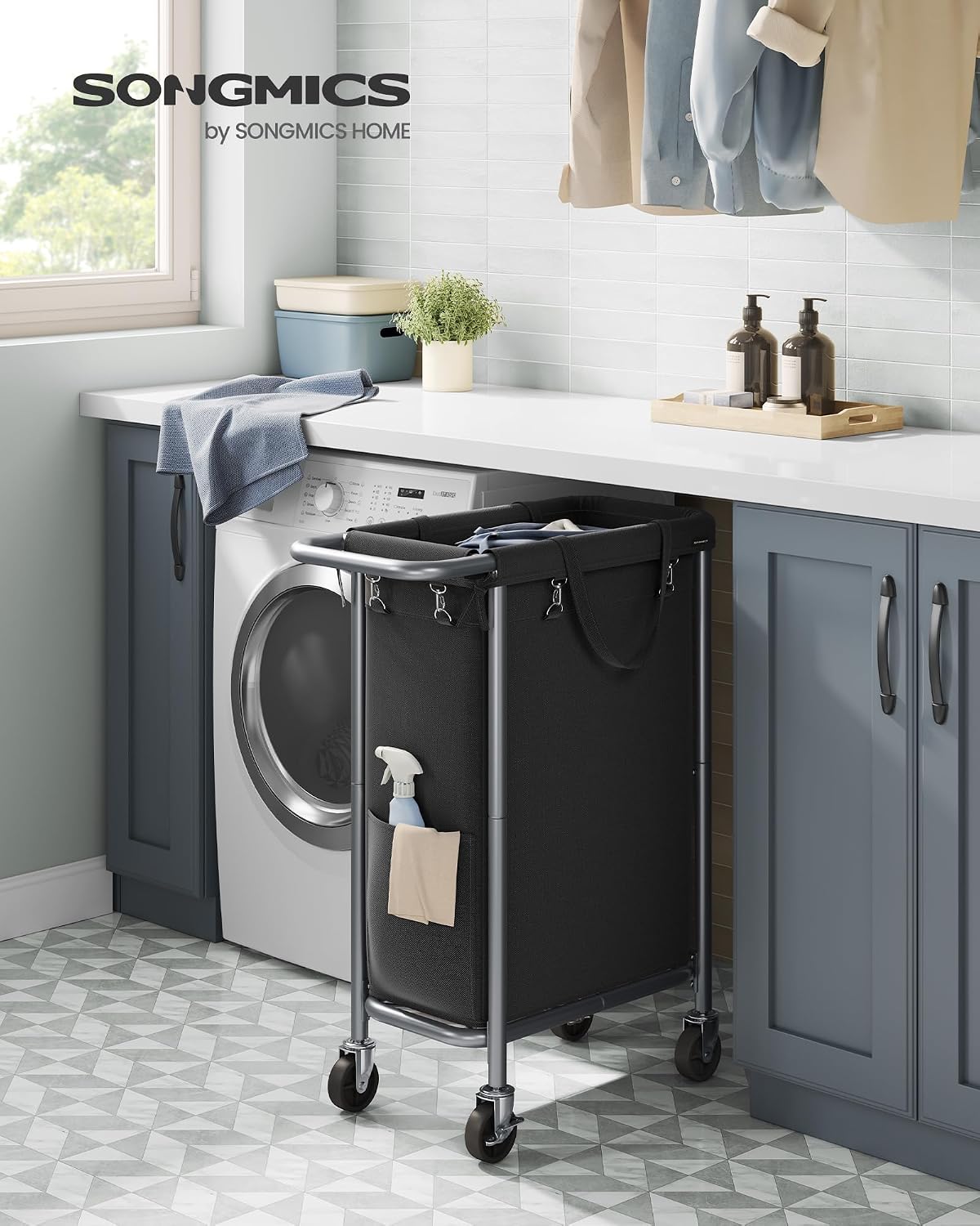 SONGMICS Laundry Basket with Wheels, 4-Section Rolling Laundry Hamper, 68.6 Gallons (260 L), Removable Liner, Steel Frame with Handle, 43.3 x 15.4 x 31.9 Inches, Cream White URLS014W01