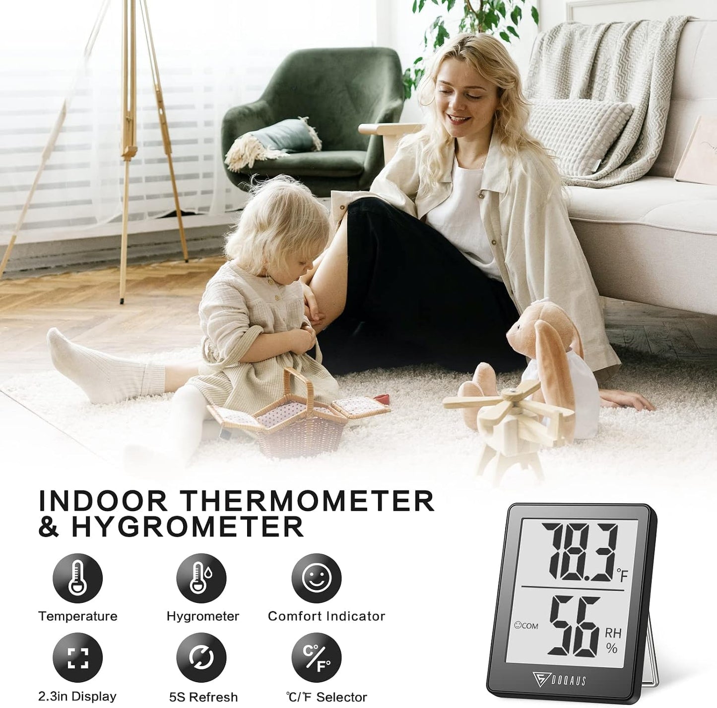 DOQAUS Digital Hygrometer Indoor Thermometer Humidity Meter, Black | Mini Room Thermometer, 5s Fast Refresh, Accurate Temperature and Humidity Monitor for House, Baby Room, Greenhouse, Incubator