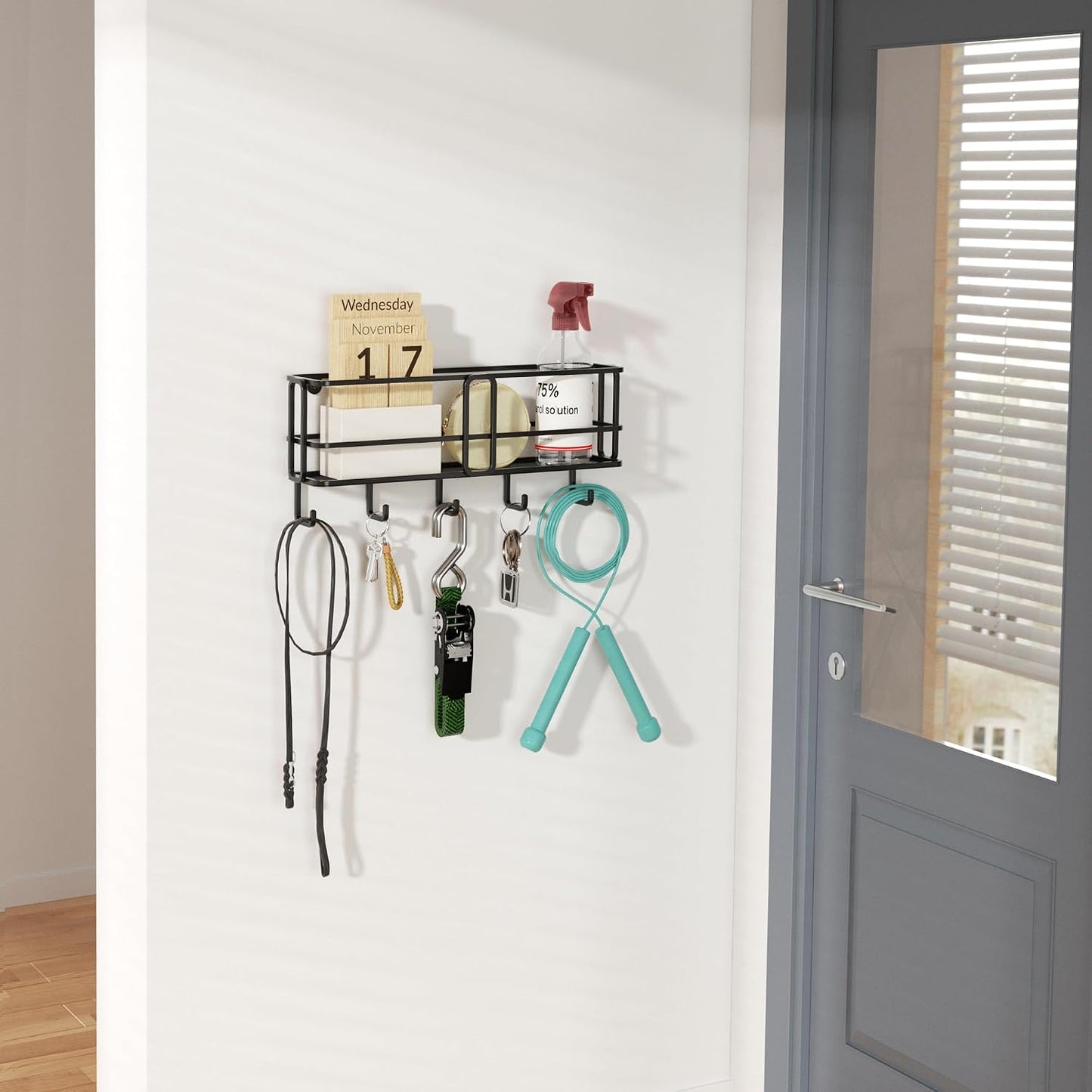 SRIWATANA Key Holder Wall Mount with 5 Hooks, Metal Mail Organizer, Black | Key Hooks for Wall, Mail Storage Basket, 10.8''L x 2.6''W x 4.5''H, Mail Holder for Wall for Home Office Entryway Hallway