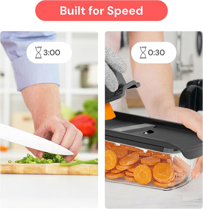 Fullstar Pro Mandoline Vegetable Slicer, Grater & Spiralizer with Container | 6 in 1 Fruit Cutter, Cheese Grater & Spiralizer with Safety Gloves, Stainless Steel Blades & Container (Black)