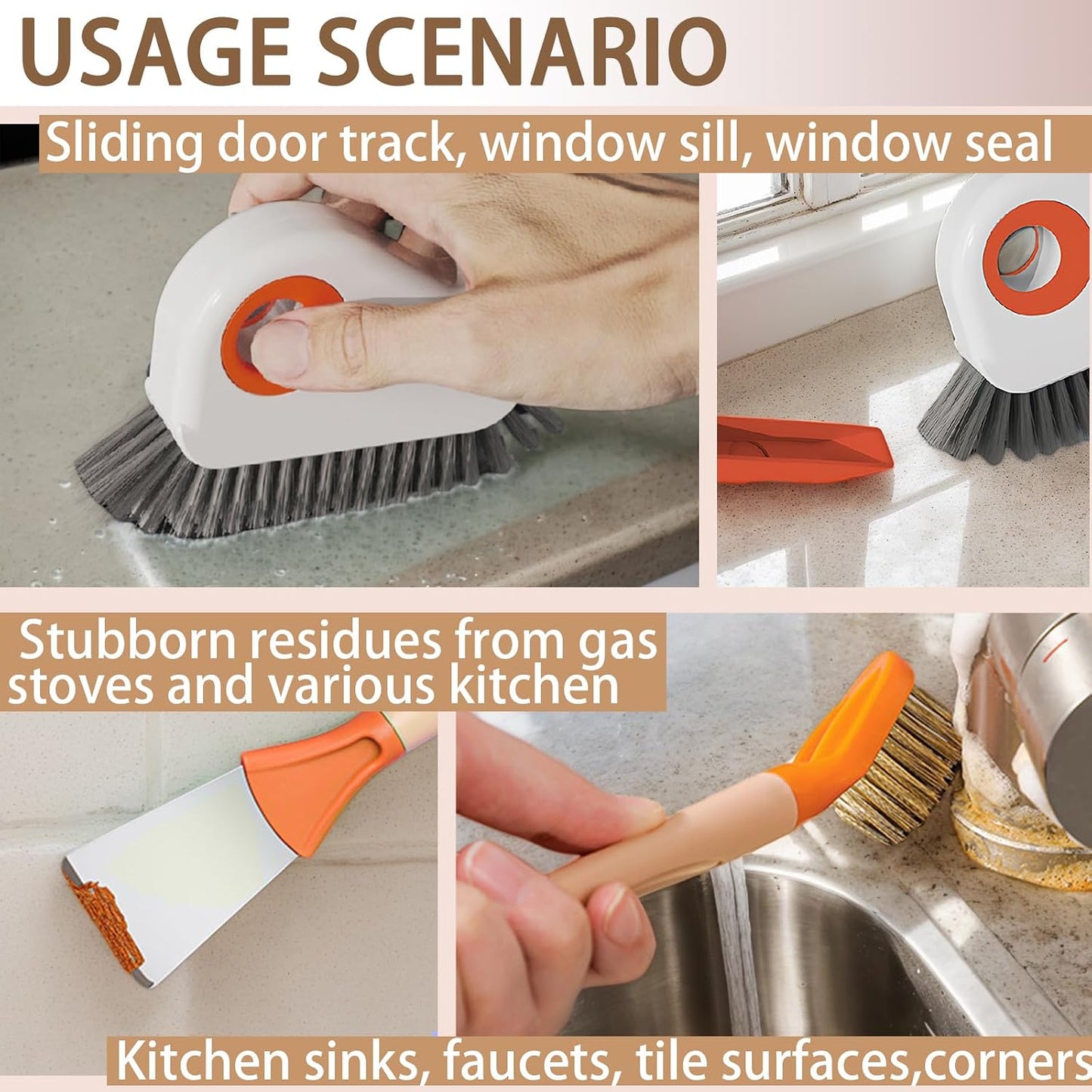 Groove Cleaning Brushes 2 in 1 Window Track Cleaner Cleaning Tools, Multifunction Hard Bristle Grout Crevice Cleaning Brush with Scraper for Kitchen Stove Sink, Sliding Door Track, Window Sill, 2PCS