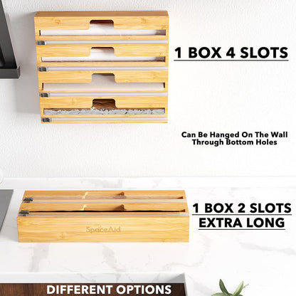 SpaceAid WrapNeat 4 in 1 Wrap Dispenser with Cutter and Labels, Plastic Wrap, Aluminum Foil and Wax Paper Dispenser for Kitchen Drawer, Bamboo Roll Organizer Holder, Compatible with 12" Roll