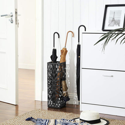 SONGMICS Umbrella Stand, Umbrella Holder for Entryway, Steel Square Umbrella Rack Organizer Freestanding, for Canes Walking Sticks, with a Detachable Drip Tray, 4 Hooks, Black ULUC026B33