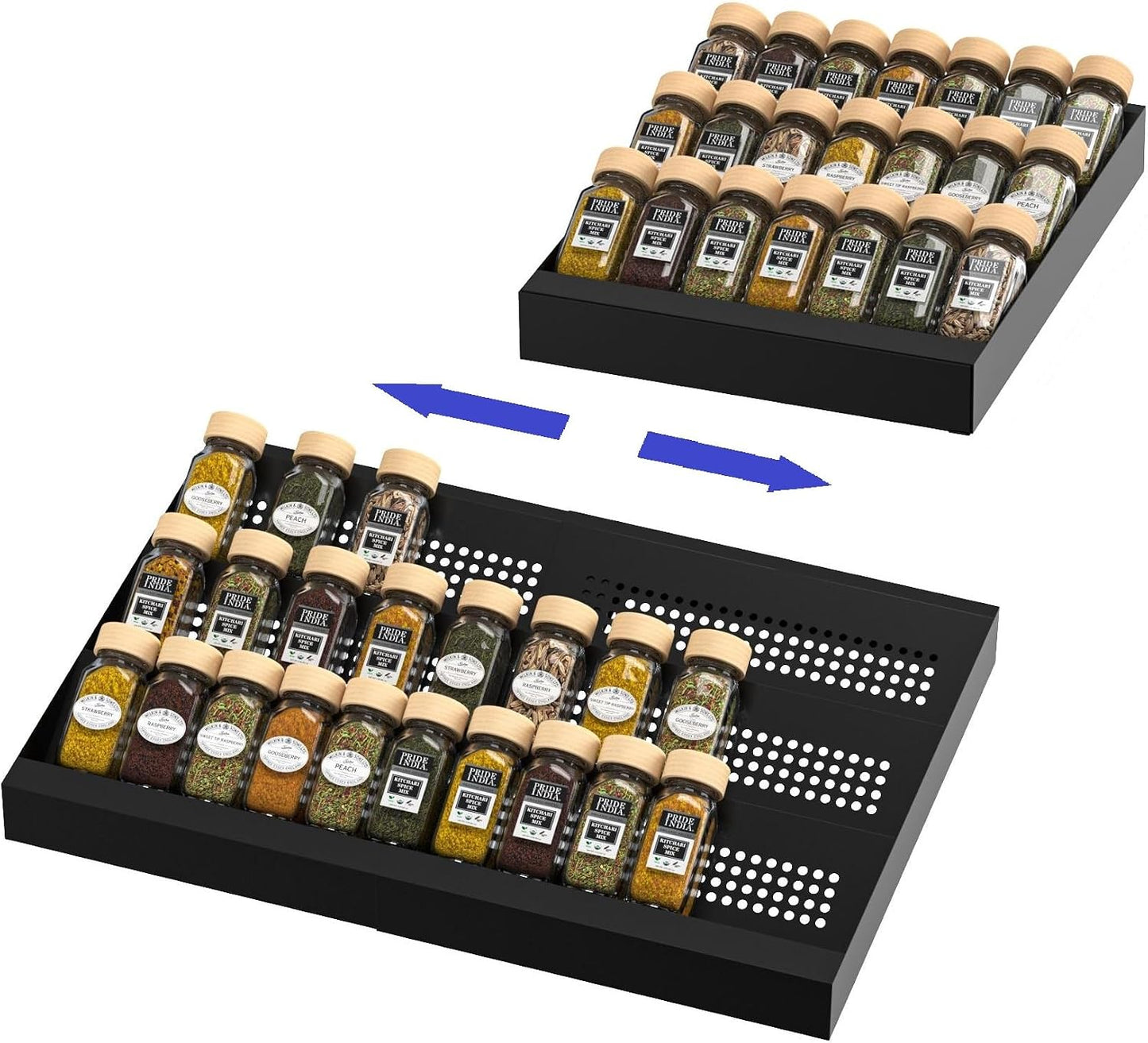 Expandable Metal Spice Drawer Organizer,3-Tier,Slanted Seasoning Jars Tray for Kitchen Cabinet Drawers Insert/Countertop (Jars not included)-3Tier,1pack/White