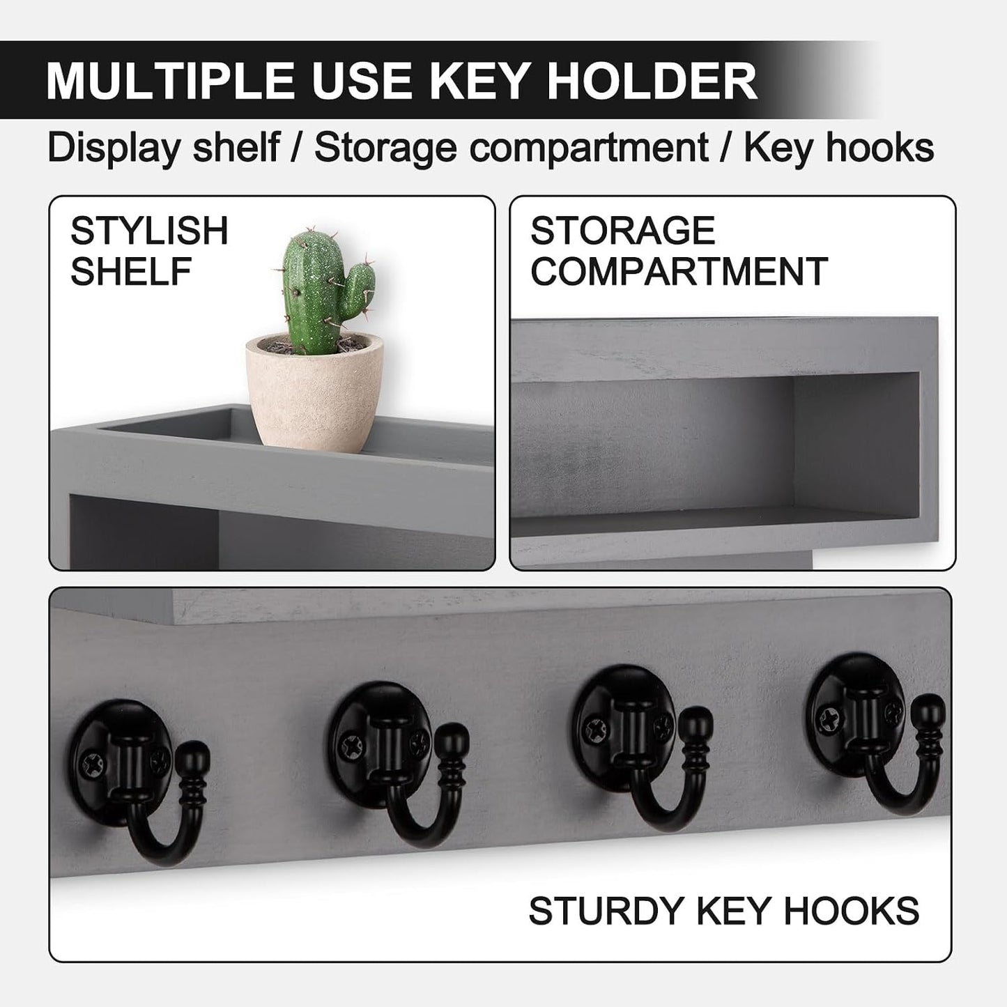 Key and Mail Holder Wall Mount with Long Storage Box and 6 Hooks | Key Holder For Coat, Dog Leash, Home Decor Rack, Entry Way Organizer