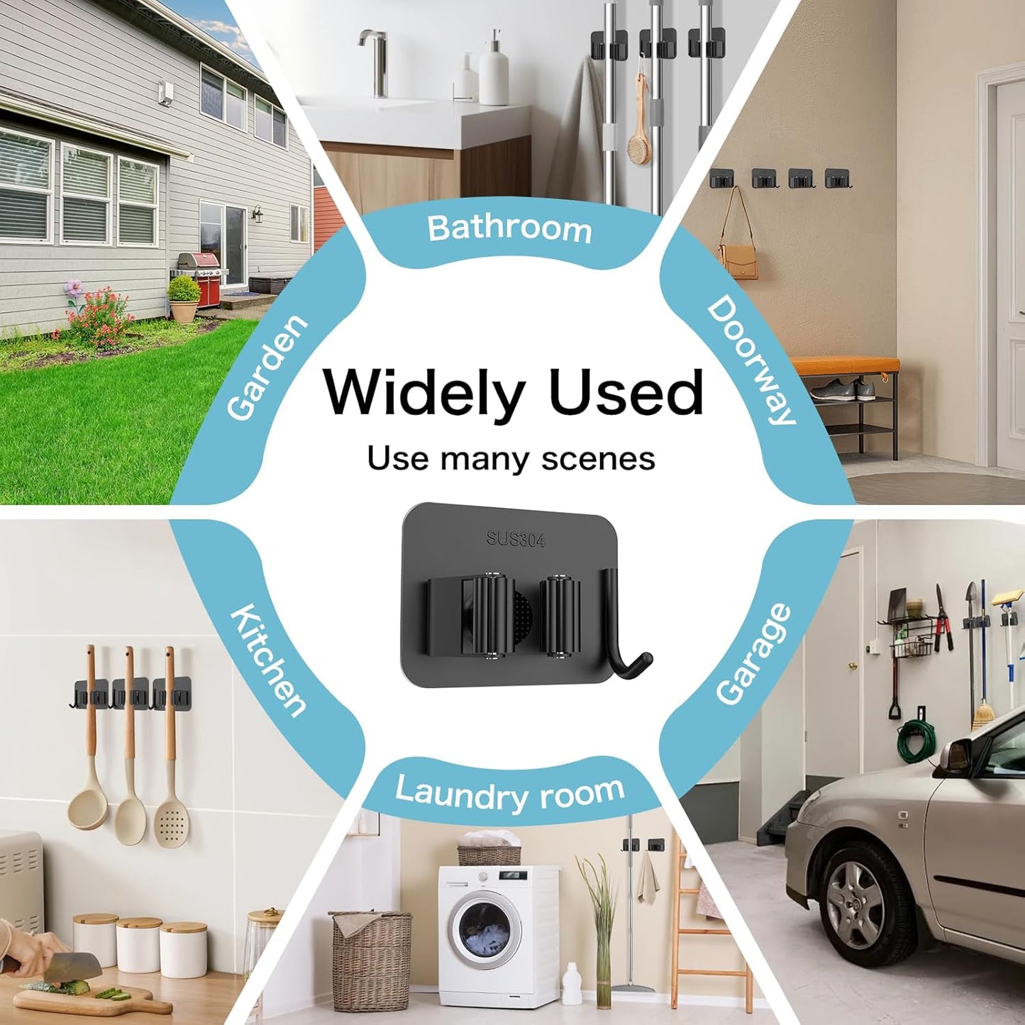 nacena 4 Pack No Drill Self Adhesive Broom Mop Holder Wall Mount with Hooks, Heavy Duty Stainless Steel Organizer for Kitchen Bathroom Garage Storage, Black