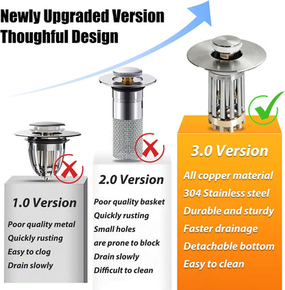 Anlige Bathroom Sink Drain Strainer, 3 in 1 Pop Up Bathroom Sink Stopper with Removable Brass Basket Hair Catcher, Universal Sink Plug for 1.06 to 1.6in Drain Hole, Chrome Silver