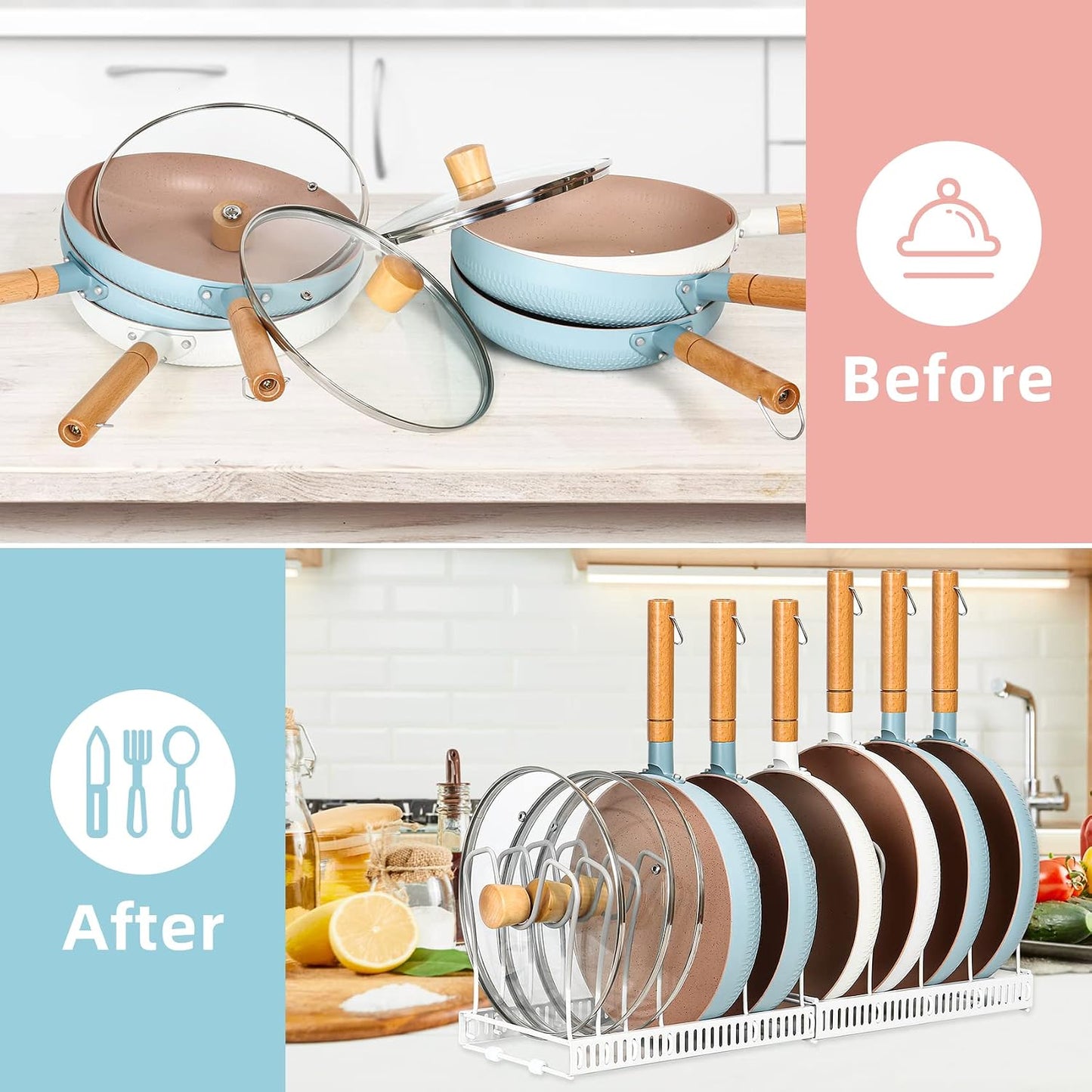 ROOHUA Pot and Pan Lid Organizer Rack for Under Cabinet, 12"-23" Expandable | 10 Adjustable Dividers, Holds Pan Lids, Cookware & Bakeware, Creates Tidy Cabinet Storage, Durable Metal, Bronze
