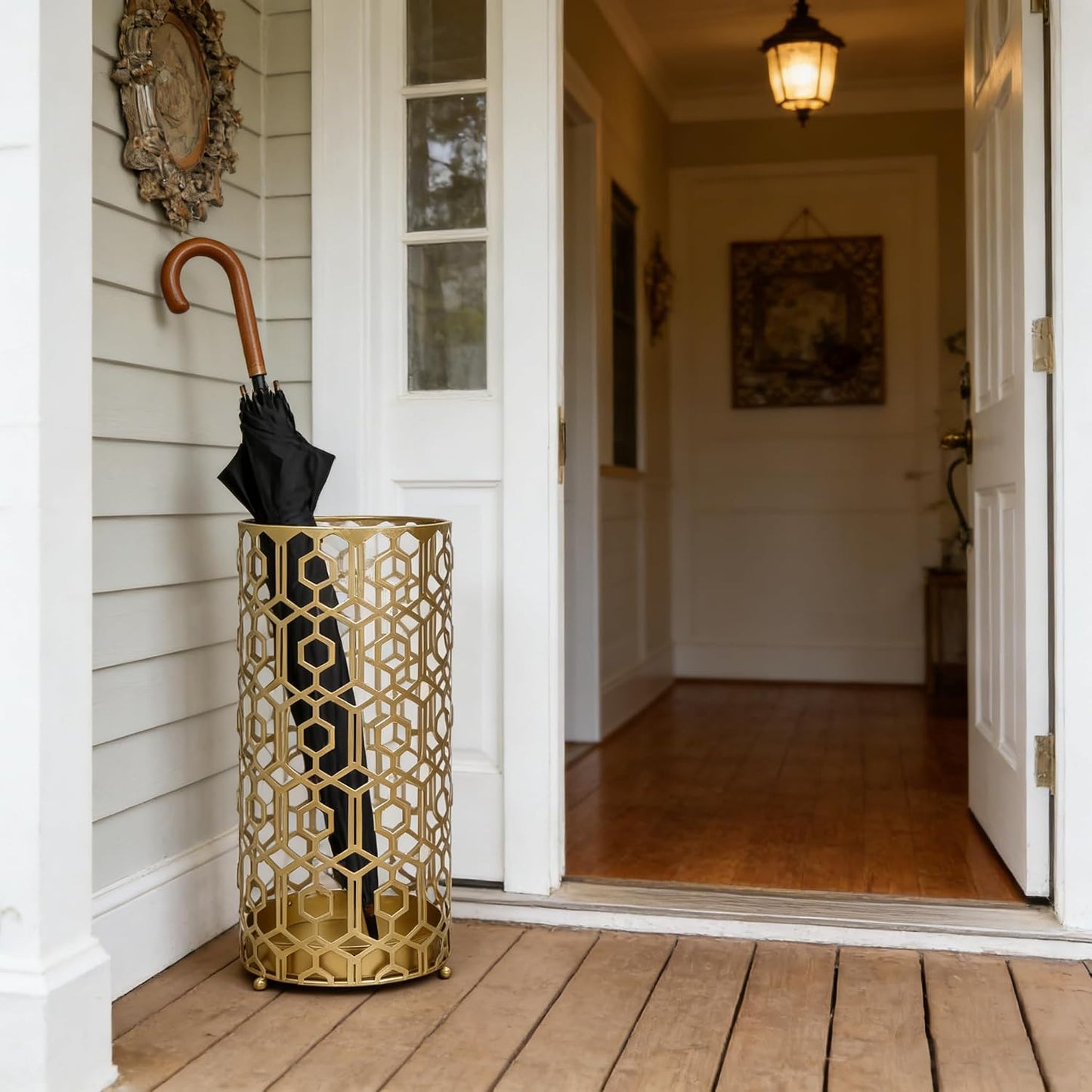 19" H Modern Metal Umbrella Stand for Entryway, Round Cane and Walking Stick Holder with Drip Tray, Elegant Home & Office Foyer Decor, Gold