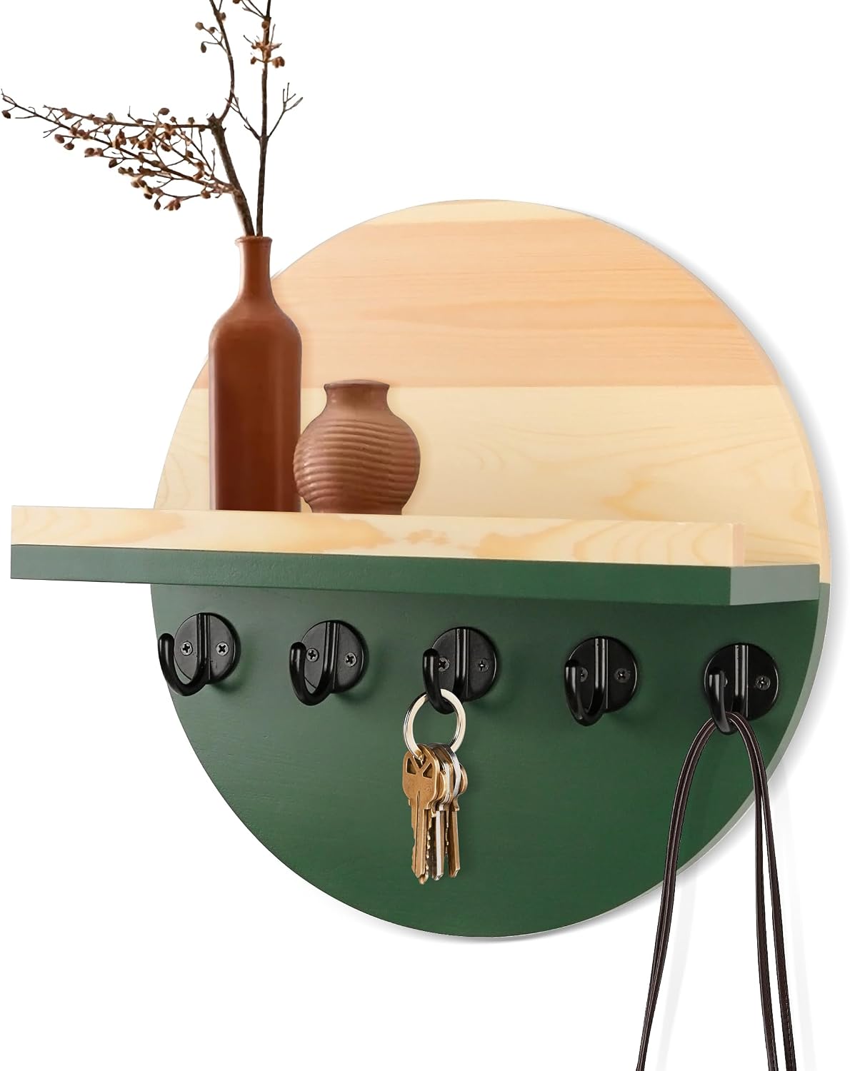 Gurfuy Key Holder for Wall with Shelf - Wood Mail Organizer and Rack with Shelf Hooks Wall Mounted for Entryway Decor Magazines Letter Storage Farmhouse Living Room Bedroom Doorway Green