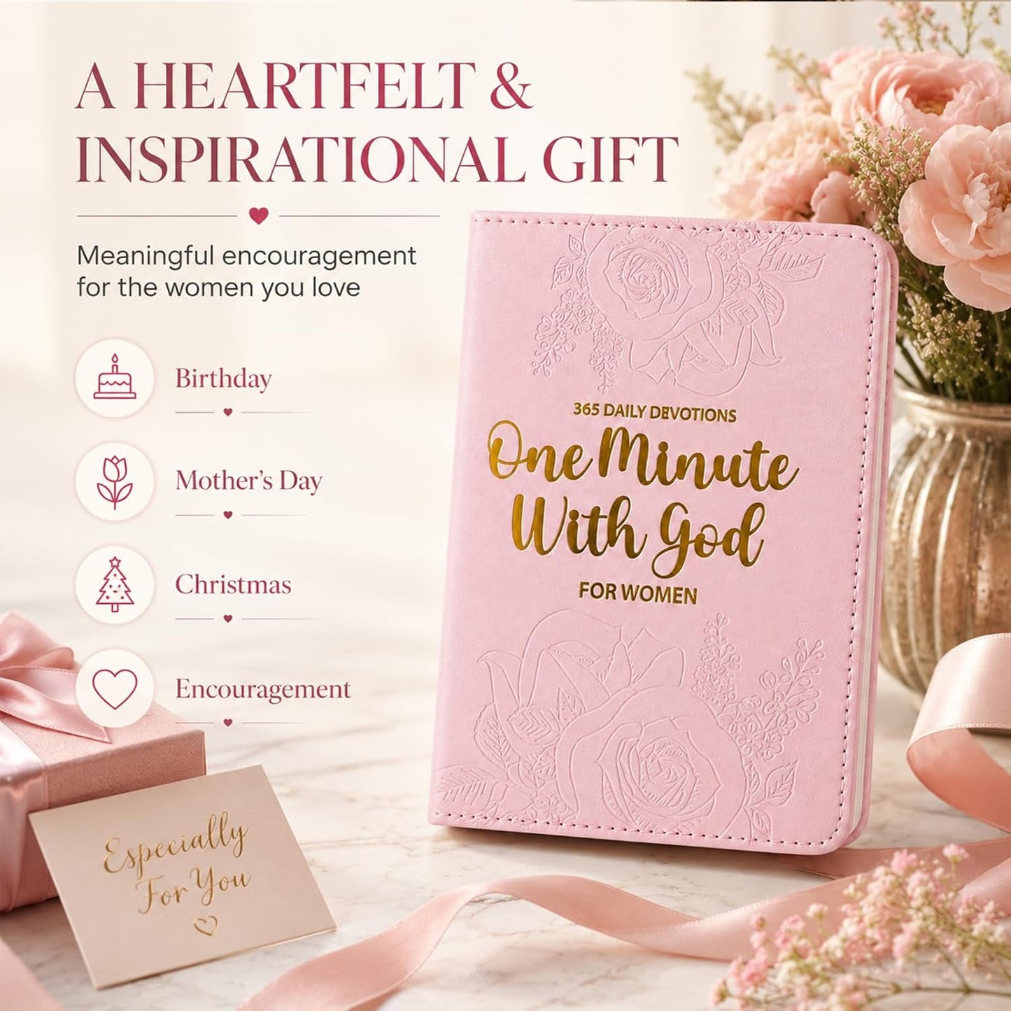 One Minute With God for Women, One Minute Daily Devotional Prayers & Reflections, Christian Prayer Journal with 365 Bible Verses, Pink Hardcover Gift for Mom, Wife, Daughter