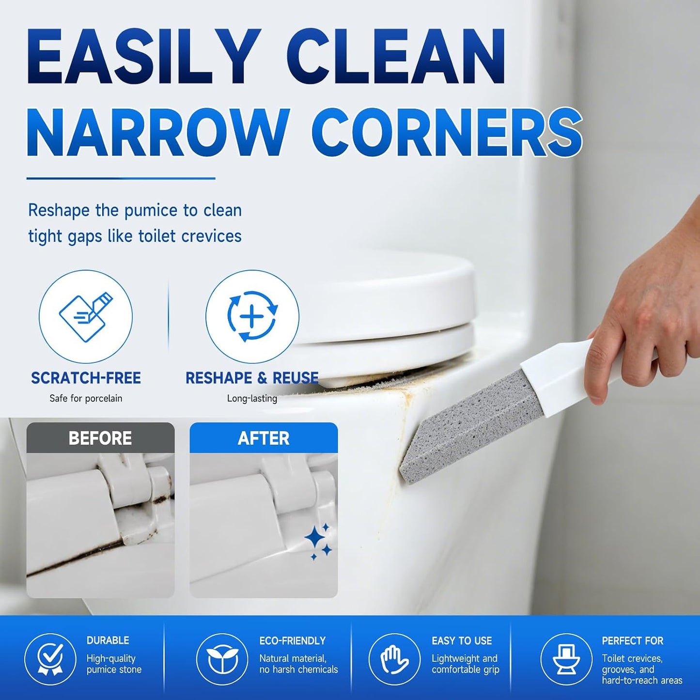 8 Pack Pumice Stone Toilet Bowl Cleaner with 2 Replaceable Long Handles | Remove Limescale, Rust & Hard Water Rings, Scratch‑Free, Natural Material, Multi‑Surface for Tub, Sink, Grill, Pool Tile