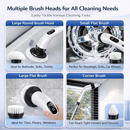 Premium Electric Bathroom Cleaning Brush, Waterproof Cordless Bathroom & Kitchen Cleaning Brush with Adjustable Handle & 9 Replaceable Heads – Powerful Deep Clean Tile, Grout, Tub, Window & Floor