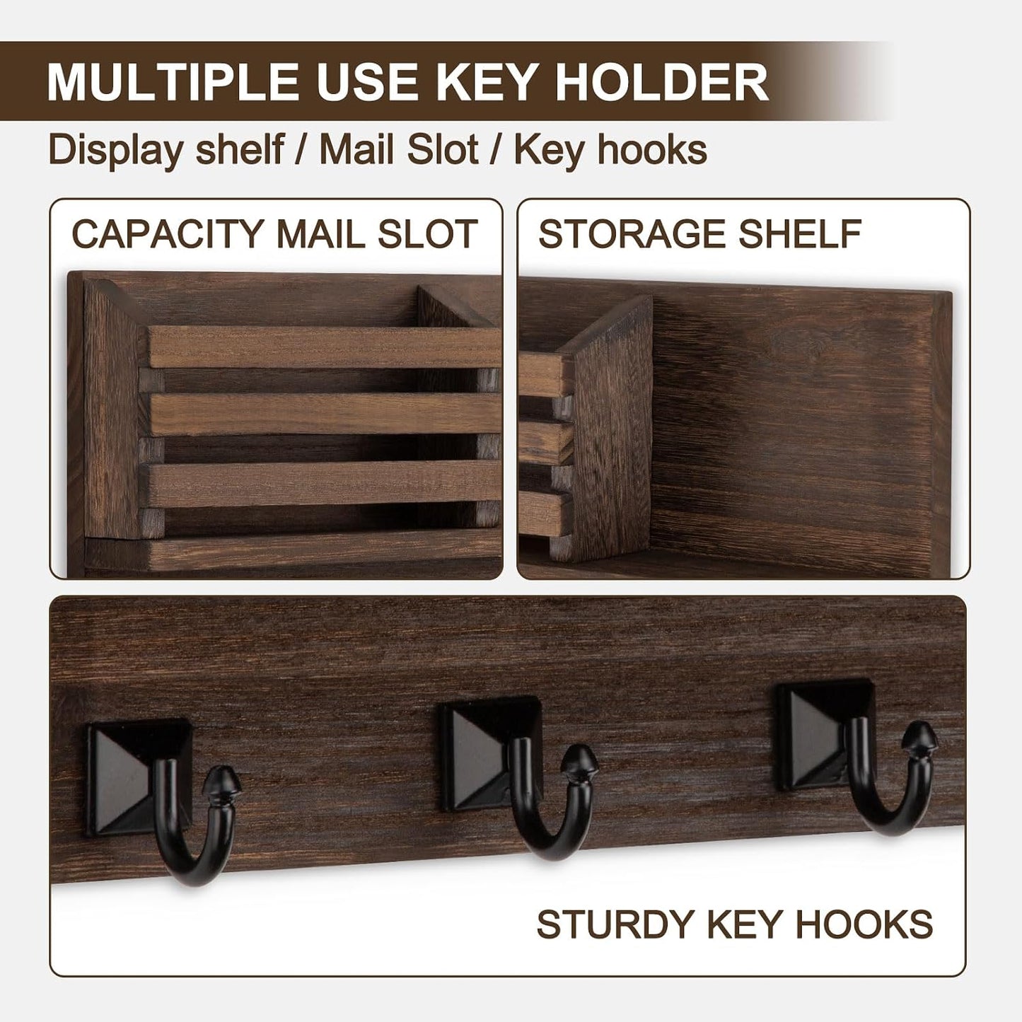 Key Holder Wall Mount, Mail Organizer for Wall with 5 Square Key Hooks | Key Holder for Wall, Key Holder with Shelf Farmhouse Home Decor for Home Entryway