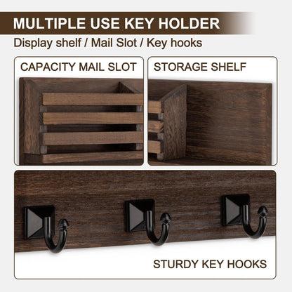 Key Holder Wall Mount, Mail Organizer for Wall with 5 Square Key Hooks | Key Holder for Wall, Key Holder with Shelf Farmhouse Home Decor for Home Entryway
