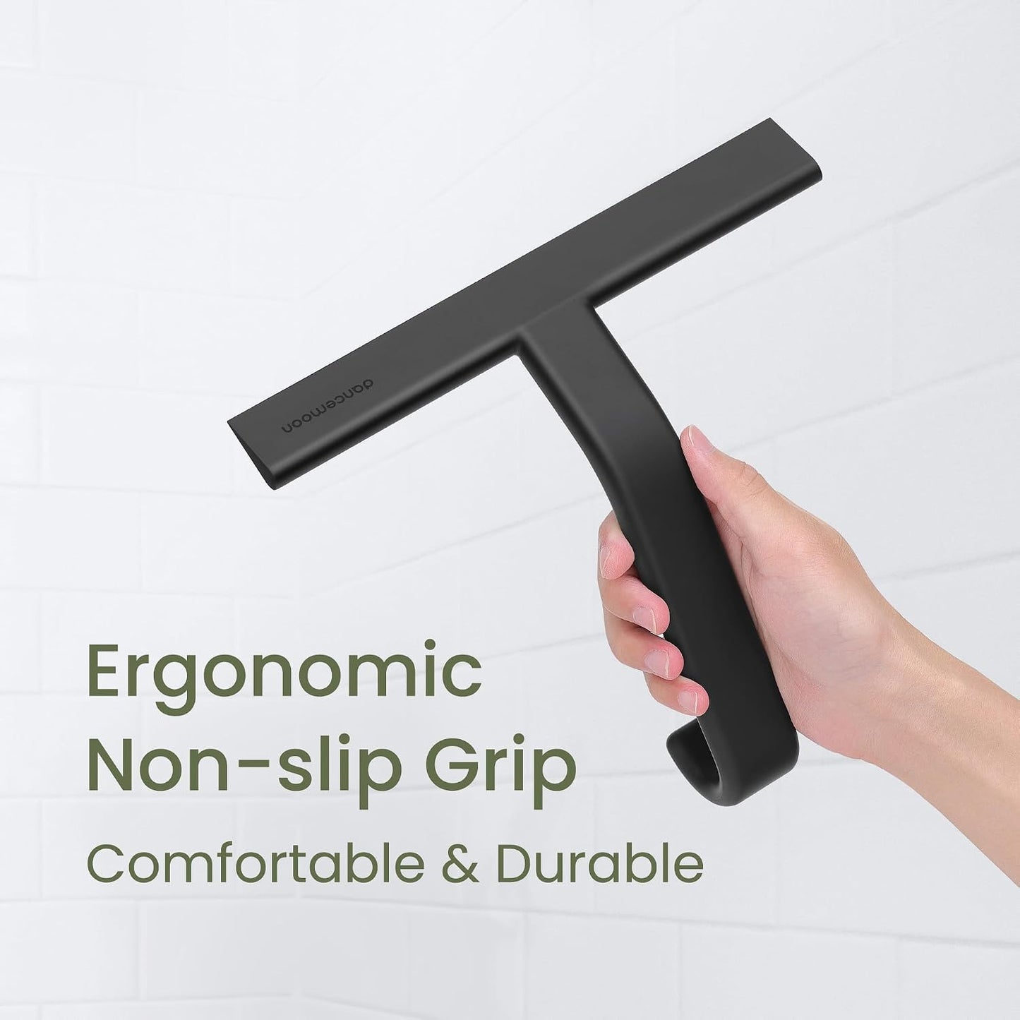 JustHang Shower Squeegee with Built-in Hook, 10-Inch Black | Award-Winning Design, All-One-Piece Soft-Touch Silicone, for Glass Door, Bathroom, Window, Mirror, Tile Wall, Car