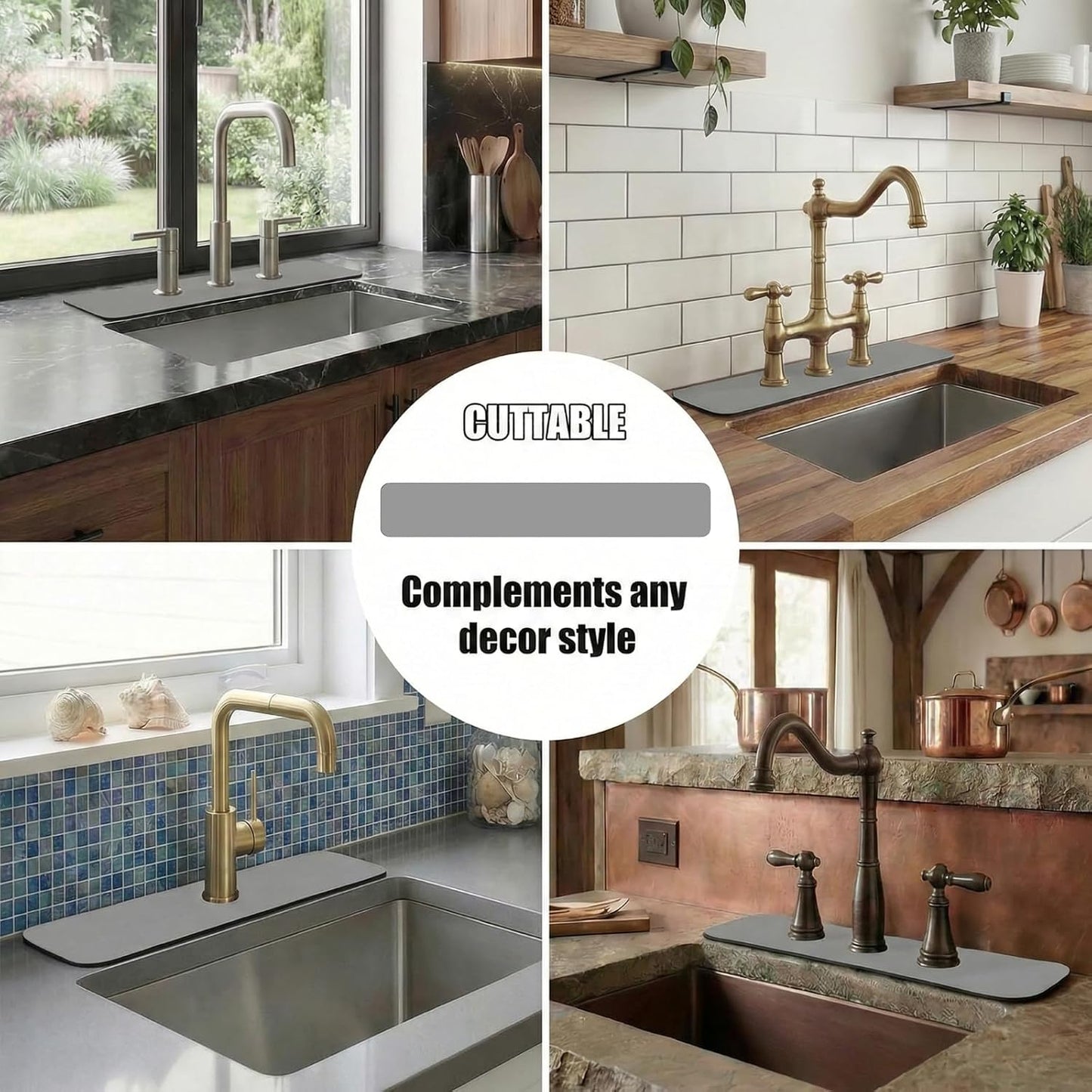 Customizable Kitchen Sink Faucet Mat: 30"Lx5.5"W Absorbent Splash Guard | Non-slip Fabric Rubber Mat, Cut to Fit Oval Rectangle Square Faucet & 2,3,4 Holes Irregular Sink with Soap Dispenser Air Gap