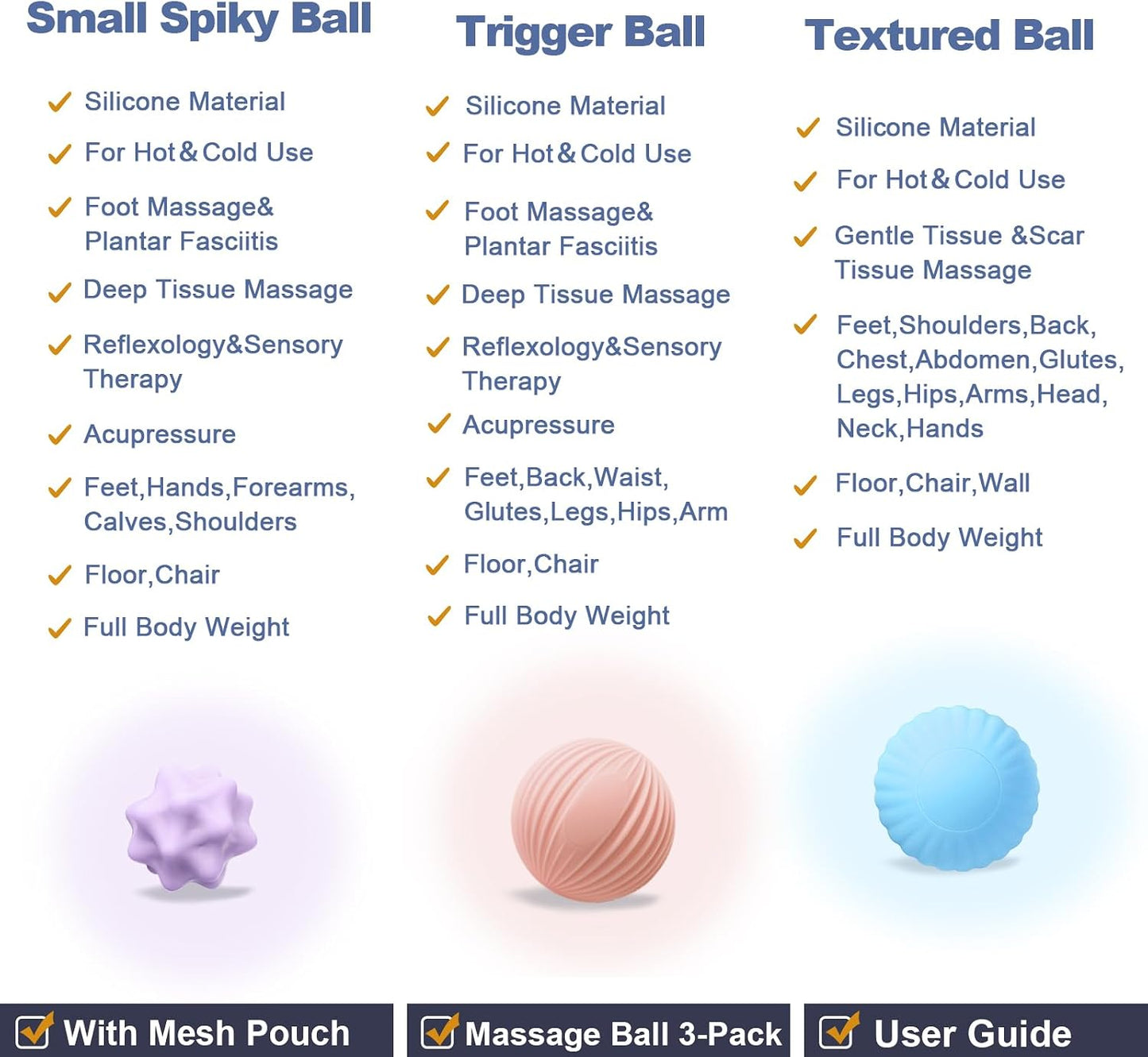 3-Piece Silicone Lacrosse Ball Set for Deep Tissue and Trigger Points - Smooth, Textured, and Spiky Massage Balls for Myofascial Release, Muscle Knots & Plantar Fasciitis