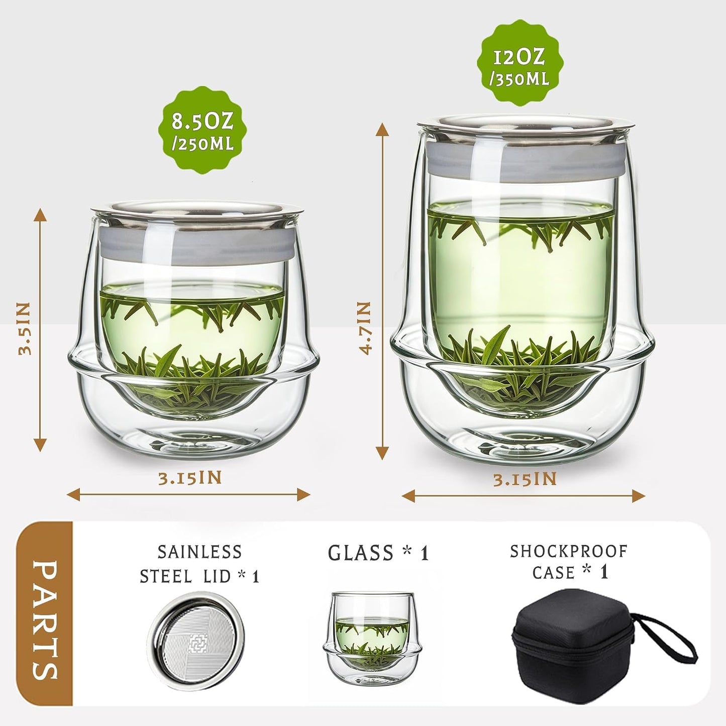Double-Layer Insulation Glass Teapot with Infuser 12OZ | Tea Infuser Bottle for Loose Leaf Tea, Portable Tea Maker,Travel Tea Mug, Hot Tea Tumbler, Office & Home & camping
