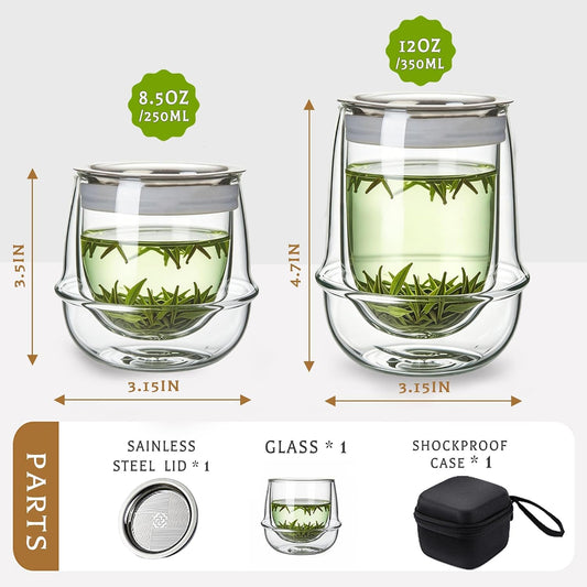 Double-Layer Insulation Glass Teapot with Infuser 12OZ | Tea Infuser Bottle for Loose Leaf Tea, Portable Tea Maker,Travel Tea Mug, Hot Tea Tumbler, Office & Home & camping