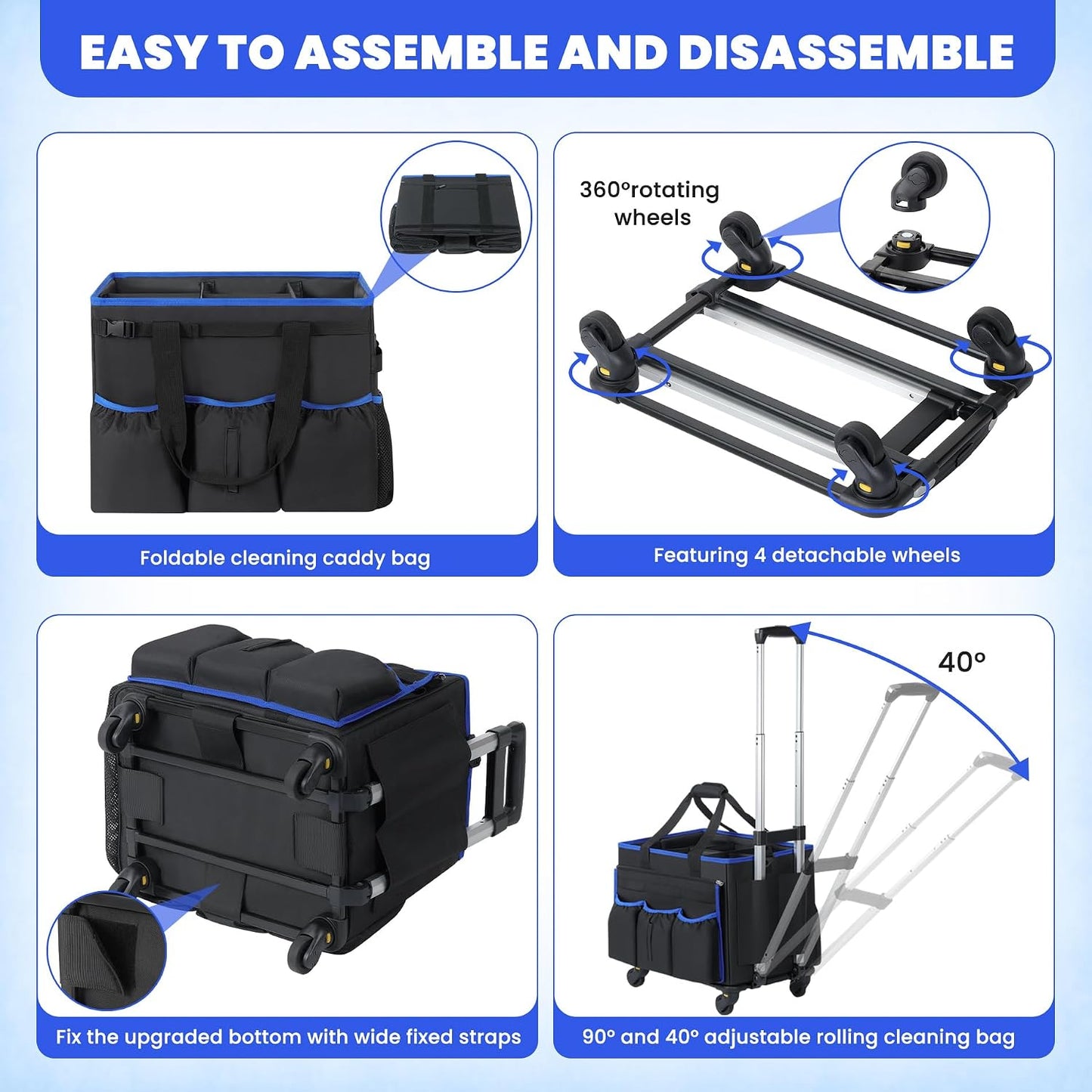 Rolling Cleaning Caddy Bag with Detachable Trolley, Large Multi-Pockets Cleaning Supply Organizer with Handles and Shoulder Strap, Cleaning Cart Supplies Organizer for Housekeepers, Cleaners, Car