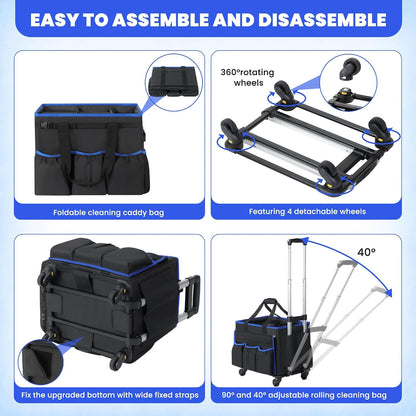Rolling Cleaning Caddy Bag with Detachable Trolley, Large Multi-Pockets Cleaning Supply Organizer with Handles and Shoulder Strap, Cleaning Cart Supplies Organizer for Housekeepers, Cleaners, Car