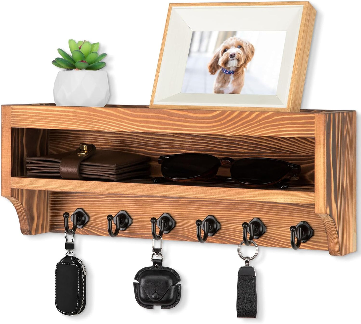 Nekon Key Holder Wall Mount, Pine Wooden Mail Organizer, White | 12.8"W x 5.6"H x 3.7"D Wall Mounted Key and Mail Organizer with 6 Key Hooks, Key Rack for Home Entryway Decor